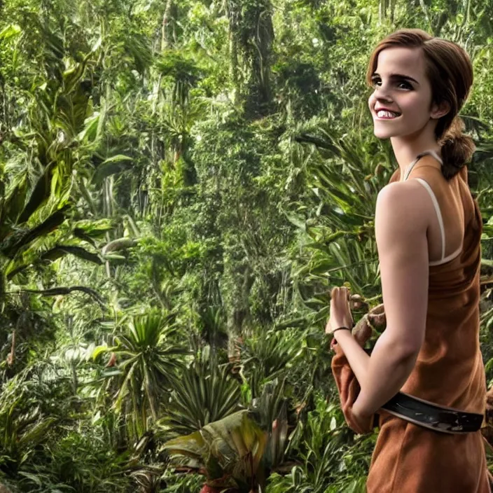 Prompt: Joyful!! smiling Emma Watson wearing cyborg prosthetic, from The emperor's new groove (2000). Clear Hands. Clear body. Light Clothes. Jungle as Background. Cinematic. Professional Photo. Low angle. 8k. Clear Face.