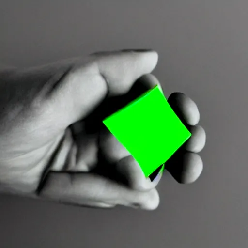 Image similar to a small glowing green shard of kryptonite held between the index finger and thumb of a black - gloved hand, black background