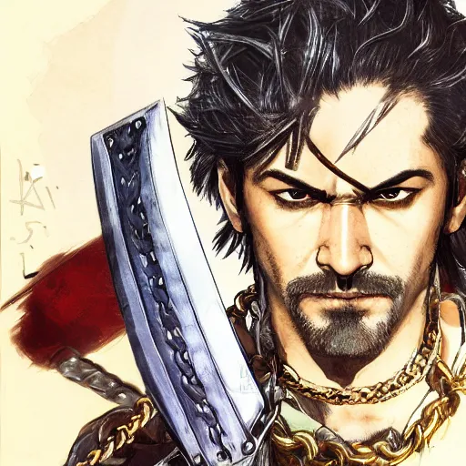 Prompt: portrait of a white and hispanic hero holding his sword in front of his face by yoji shinkawa, high quality, extra details, realism, ornate, colored, golden chain, blood