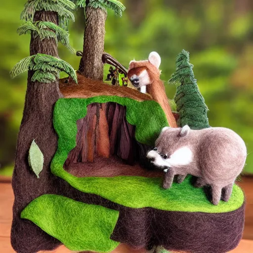 Image similar to high - res photograph of a felt sculpture diorama with cute fluffy forest critters, highly detailed sculpey diorama, forest setting, waterfall backdrop, realistic materials, wood, felt, cloth, burlap, smooth, sharp foccus, commercial product photography,