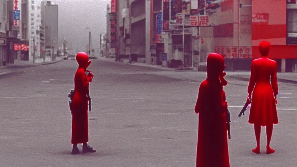 Image similar to a woman in a red dress wearing a red demon mask standing alone on an empty street in downtown Tokyo with a gun, film still from the an anime directed by Katsuhiro Otomo with art direction by Zdzisław Beksiński, wide lens