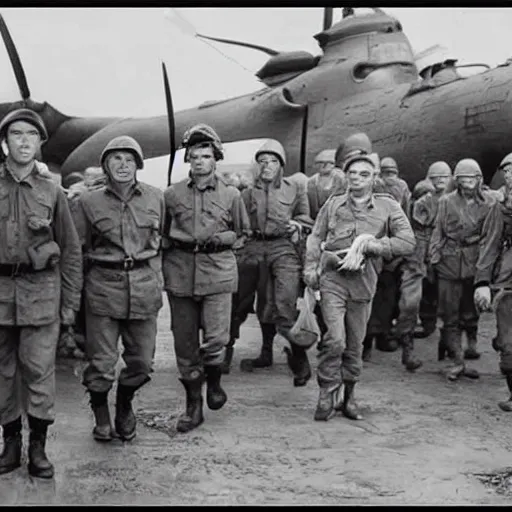 Prompt: d - day but all the men are mascots historical photo