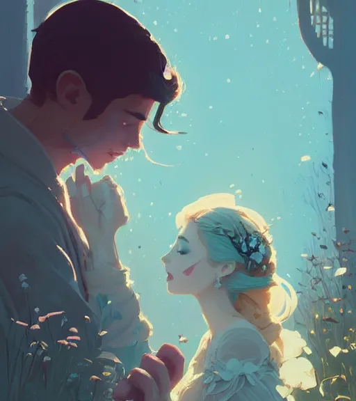 Image similar to a princess and a king almost kissing in the beautiful garden by atey ghailan, by greg rutkowski, by greg tocchini, by james gilleard, by joe fenton, by kaethe butcher, dynamic lighting, gradient light blue, brown, blonde cream and white color scheme, grunge aesthetic