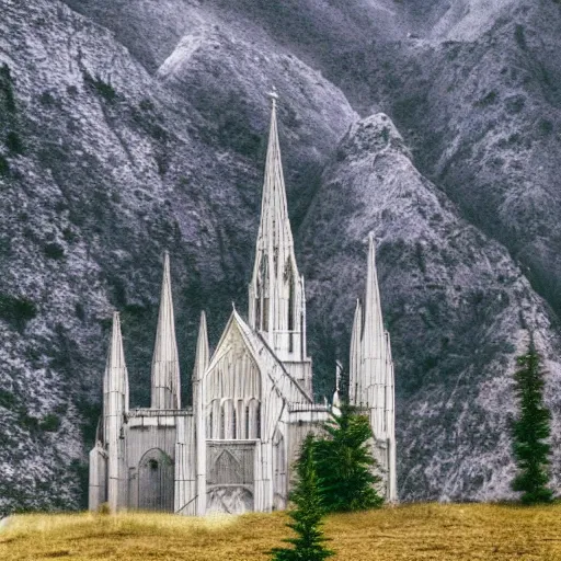 Image similar to a large cathedral on a mountain. other worldly, dream like, surreal, grainy.