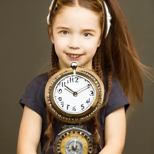 Prompt: clockpunk little girl wears a clock necklace