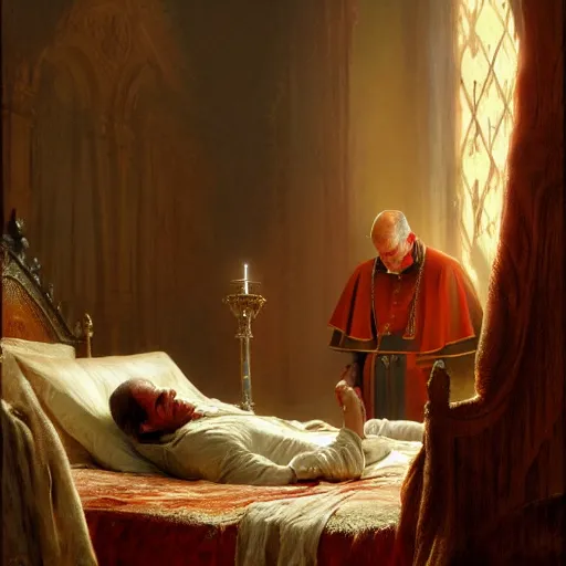 Image similar to the catholic pope in his bed, scared, because a horned demon is attacking him. highly detailed painting by gaston bussiere, greg rutkowski, craig mullins 8 k