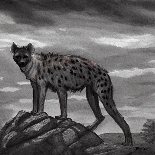 Image similar to concept art of an hyena standing on a rock looking out the horizon of the savana, realism, drawing