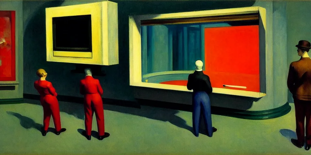 Image similar to edward hopper painting of a crt television broadcasting propaganda outside of the screen, lots of people standing around with no eyes. one normal person with eyes, a young man, frightened about what is going on around him s 1 5 0