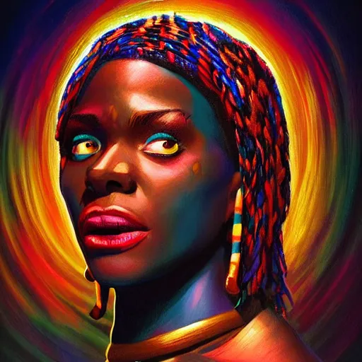 Image similar to Bright, colorful, realistic African-mythology rpg single individual headshot dramatic backlighting, kodachrome, high contrast, highly detailed, sharp focus, digital painting, concept art, illustration, trending on artstation, comic book by Alex Ross cover art