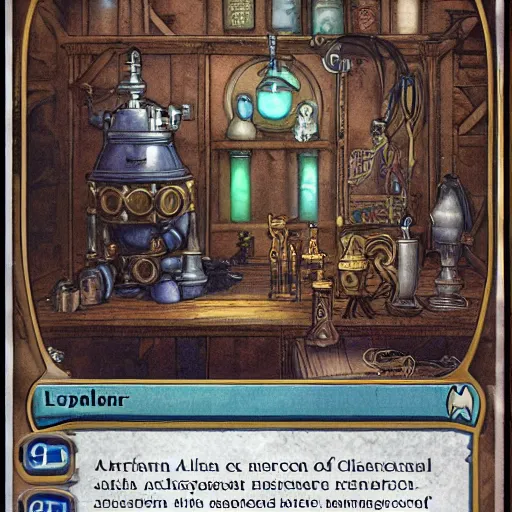 Prompt: arcane automaton in an alchemist's workshop