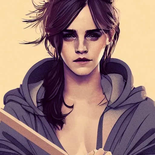 Image similar to fashion model emma watson wearing hoodie digital art by Hokusai by greg rutkowski by wlop high detail comic sharp vector lineart dramtic lighting artstation by trevor henderson by rossd raws cinematic dramatic