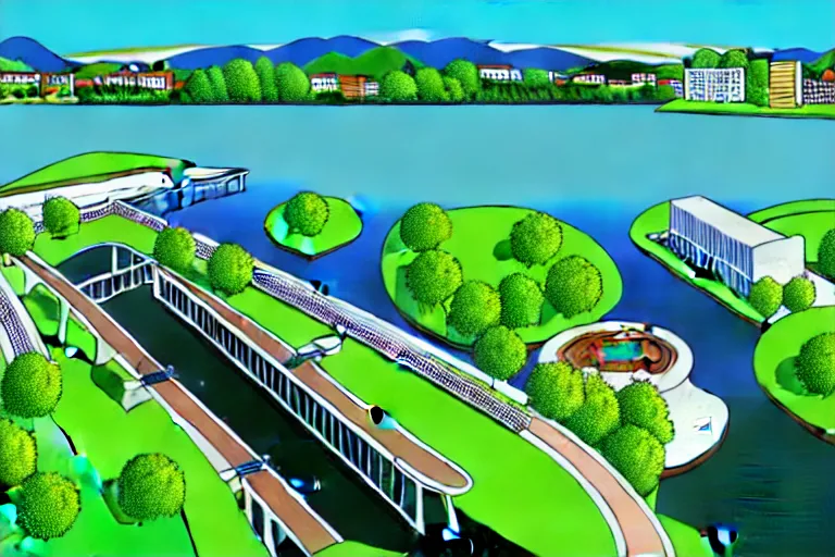 Image similar to bird's eye view photography of a small city. town hall, central farm, monorail station, inlet and shipping dock. hills, woods and pond to the north.