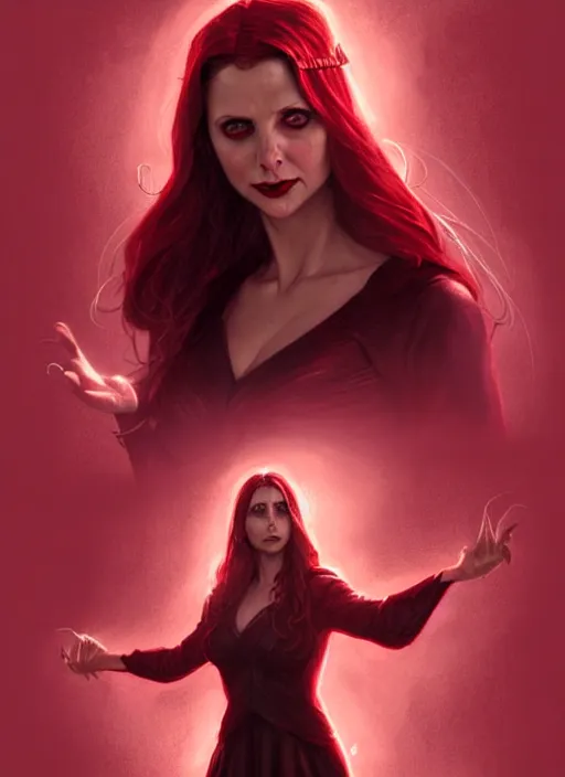 Prompt: Scarlet witch outfit Sarah Michelle Gellar, black magic, realistic character concept, full body, scary pose, comic book, illustration,;cinematic lighting, high resolution, Charlie Bowater, Norman Rockwell, symmetrical eyes, single face, insanely detailed and intricate, beautiful