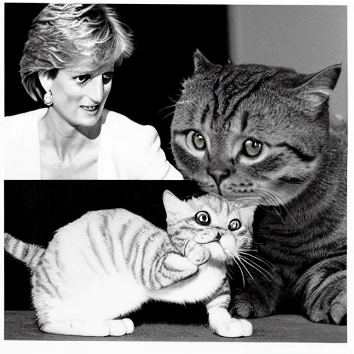 Prompt: a photo of Princess Diana meeting comic character Garfield the cat, 1990s, Jim Davis
