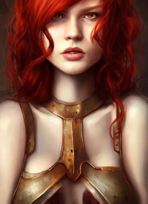 Image similar to Beautiful redhead girl which chest wrapped in bandages, portrait, fantasy, medieval, vivid colors, fantasy, elegant, concept art, sharp focus, beautiful face, digital art, Hyper-realistic, 4K, Unreal Engine, Highly Detailed, HD, Dramatic Lighting by Brom, trending on Artstation