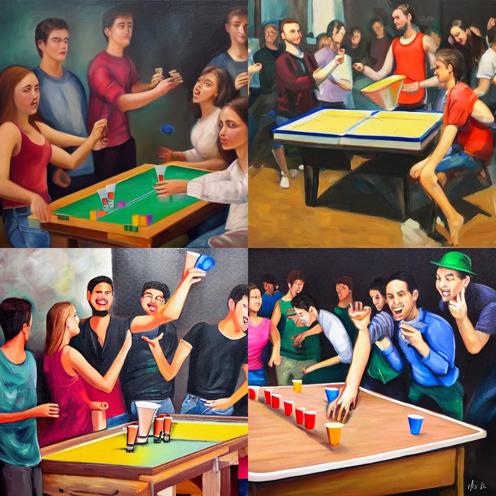 Prompt: Oil painting of students playing beerpong during a party.