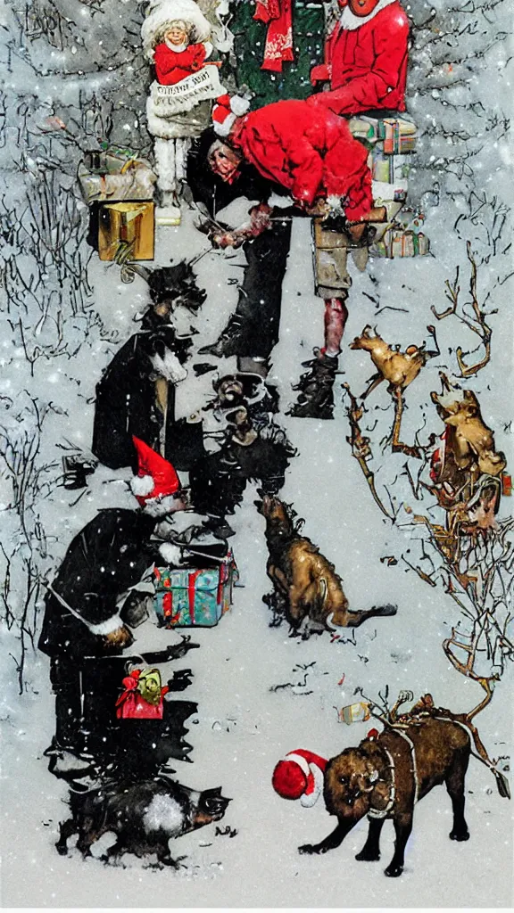 Prompt: christmas card by Banksy and Norman Rockwell