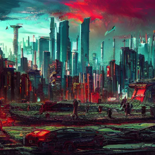 Prompt: cyberpunk landscape of a ruined city, landscape, vibrant colors