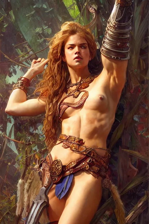 Image similar to full body portrait, thin muscular viking amazon warrior woman, 6 pack ab, symmetrical beautiful face, relaxed pose. by stanley artgerm lau, greg rutkowski, thomas kindkade, alphonse mucha, loish, norman rockwell ross tran