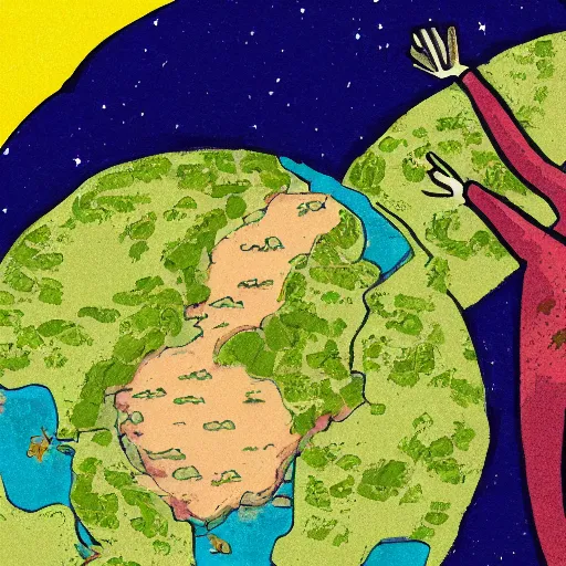 Prompt: Illustration of giant man looking over the planet earth