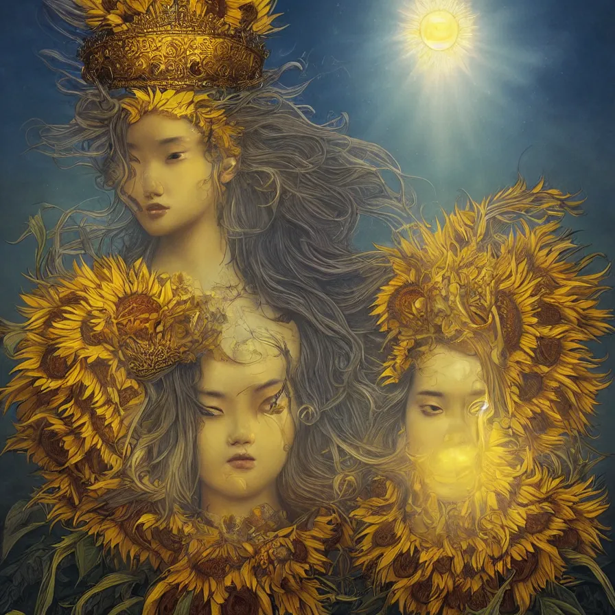 Image similar to The east-asian goddess of sunflower wearing an helianthus golden crown and presiding over the rays of the sun, by Anato Finnstark, Tom Bagshaw, Brom