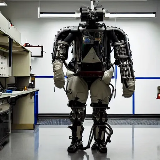 Image similar to a man in a mech suit walking in a lab, National Geographic photo, !!award-winning!!