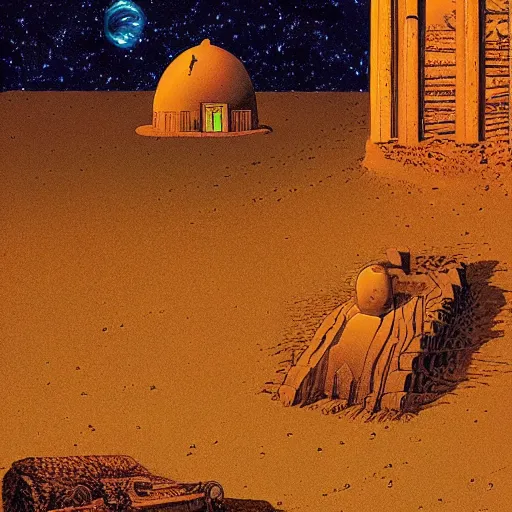 Prompt: desert, night, stars, tabernacle, camp around painted by richard corben