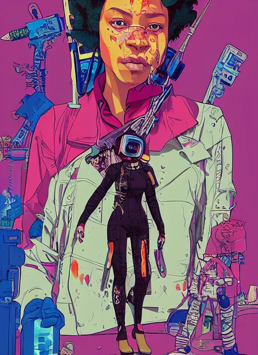 Image similar to sophia igwe. cyberpunk. portrait illustration, pop art, splash painting, art by geof darrow, ashley wood, alphonse mucha, makoto shinkai ( apex legends )