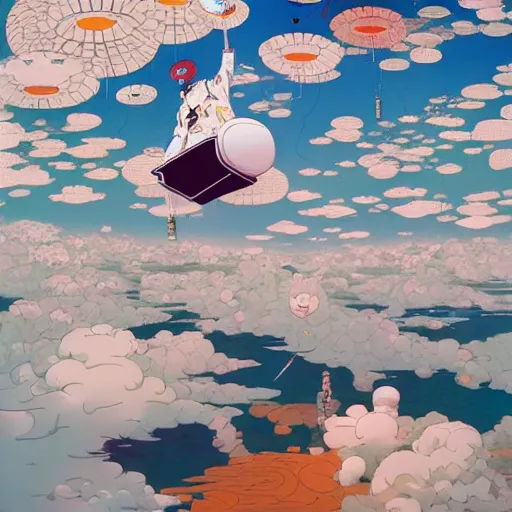 Image similar to a man walking on clouds above kyoto by takashi murakami, beeple and james jean, aya takano color style, 4 k, super detailed