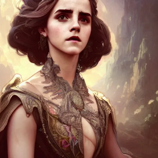 Image similar to a photorealistic dramatic fantasy render of a beautiful woman emma watson wearing a beautiful intricately detailed mask and clasical dress by wlop, artgerm, greg rutkowski, alphonse mucha, epic, beautiful dynamic dramatic dark moody lighting, shadows, cinematic atmosphere, artstation, concept design art, octane render, 8 k