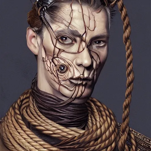 Image similar to portrait of a Shibari rope wrapped face and neck, headshot, insanely nice professional hair style, dramatic hair color, digital painting, of a old 15th century, old cyborg merchant, amber jewels, baroque, ornate clothing, scifi, realistic, hyperdetailed, chiaroscuro, concept art, art by Franz Hals and Jon Foster and Ayami Kojima and Amano and Karol Bak,