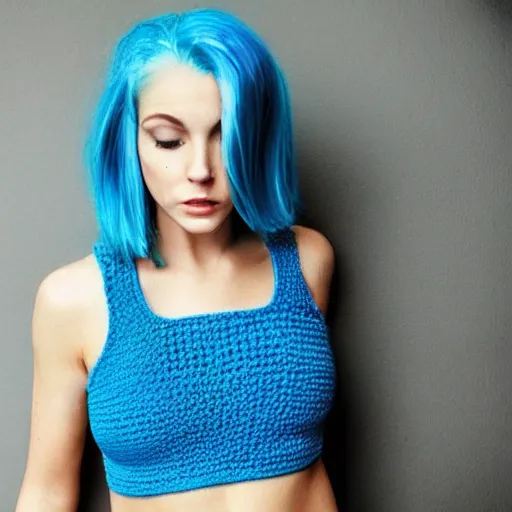 Image similar to “photo of Caucasian female model with blue hair wearing a crocheted crop top”