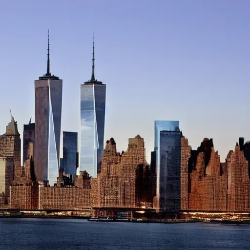 Prompt: the twin towers in NYC intact in 2022, realistic photograph