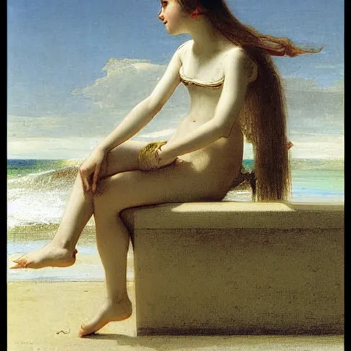 Image similar to A girl on the front of a Balustrade with a beach on the background by paul delaroche