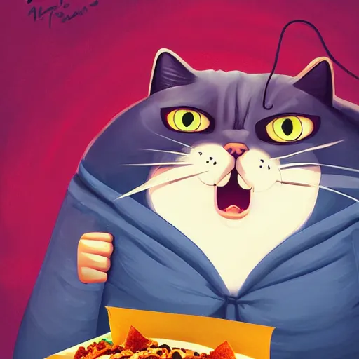 Image similar to angry fat cat full of rage holding a bag of taco bell, by cyril rolando and naomi okubo and dan mumford and ricardo bofill, HD, 4k