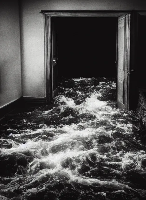 Image similar to river water rushing out through an open door, in the style of the Dutch masters and Gregory Crewdson, dark and moody