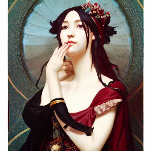 Image similar to a beautiful portrait of hatsune miku with long black and deep red colored hair dressed as a 1 st century european noblewoman, intricate, elegant, highly detailed, digital painting, artstation, concept art, matte, sharp focus, illustration, art by greg rutkowski and alphonse mucha