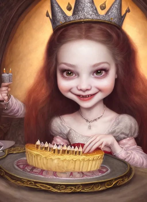 Image similar to highly detailed closeup portrait of a grinning fairytale medieval princess eating birthday cake, unreal engine, nicoletta ceccoli, mark ryden, lostfish, earl norem, global illumination, god rays, detailed and intricate environment