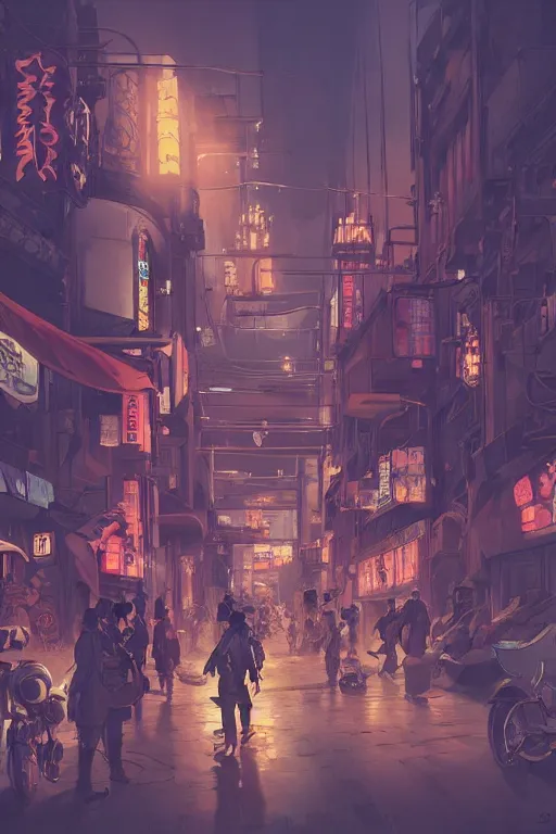 Image similar to crowdy tokyo street, mucha vibe, dieselpunk, solarpunk, artstation, andrei riabovitchev