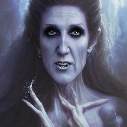 Image similar to head and shoulders portrait of a ghostly, shadowy, spectral banshee portrayed by celine dion, d & d, fantasy, greg rutkowski, frank frazetta, alexandre chaudret, boris vallejo, michael whelan, miro petrov, hr giger, magali villeneuve, donato giancola