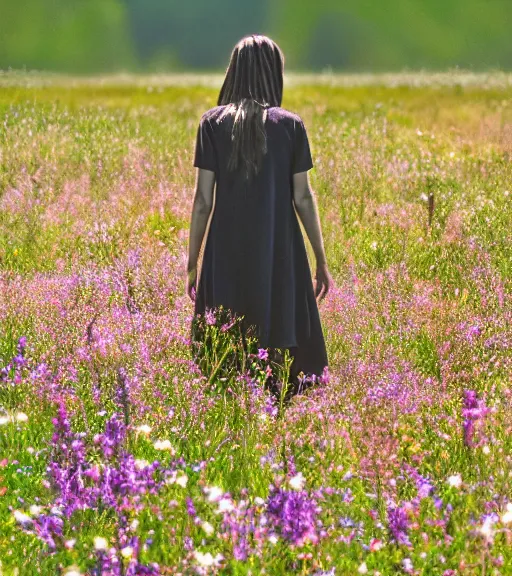 Prompt: tall shadow person figure standing in beautiful meadow of flowers, high quality film photo, grainy, high detail, high resolution