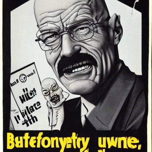 Prompt: creepy walter white with a scary comically large smile, 1940's scare tactic propaganda art