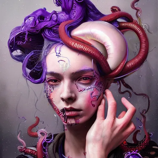 Prompt: art portrait of a furious girl with purple tentacles on her head,8k,by tristan eaton, Stanley Artgermm,Tom Bagshaw,Greg Rutkowski,Carne Griffiths,trending on DeviantArt, face enhance,hyper detailed ,full of colour,