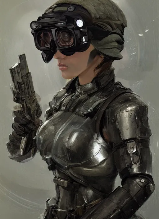 Image similar to a professional painting of a beautiful young female, clothed in stealth armor, nightvision goggles, olive skin, long dark hair, beautiful bone structure, symmetrical facial features, intricate, elegant, digital painting, concept art, smooth, sharp focus, illustration, from Metal Gear, by Ruan Jia and Mandy Jurgens and Artgerm and William-Adolphe Bouguerea