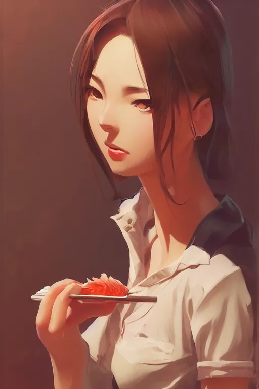 Image similar to a girl eating sushi, full shot, fine - face, realistic shaded perfect body, fine details. night setting. very anime style. realistic shaded lighting poster by ilya kuvshinov katsuhiro, magali villeneuve, artgerm, jeremy lipkin and michael garmash, rob rey and kentaro miura style, trending on art station