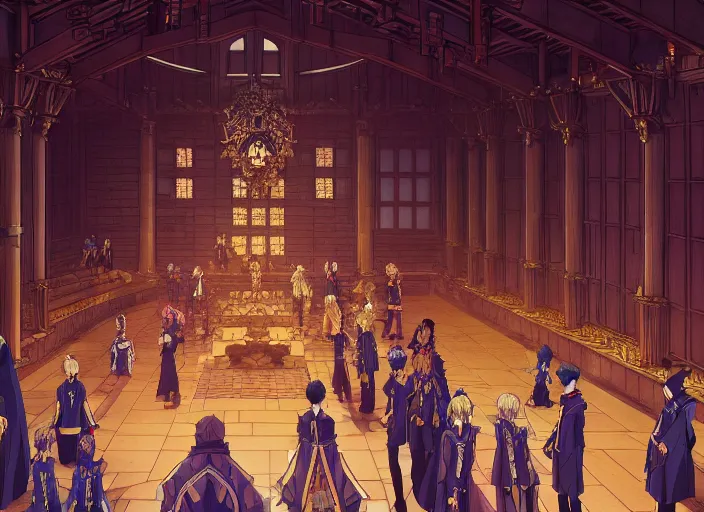 Image similar to key anime visual portrait of a castle's main hall interior with throne, servants, nobles, designed by mika pikazo, dynamic pose, dynamic perspective and angle, cinematic, film grain, detailed, intricate, at night, dramatic lighting