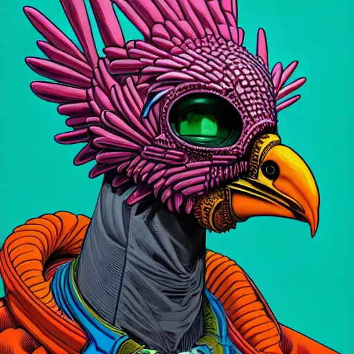 Prompt: portrait painting of a punk chicken - headed cyborg, sharp focus, award - winning, trending on artstation, masterpiece, highly detailed, intricate. art by josan gonzales and moebius and deathburger