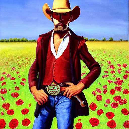 Image similar to a painting of a tall man with blue eyes that is wearing a cowboy hat and a leather vest. He is holding a revolver in his left hand and a rose is in his right hand. He is standing in a field of roses.