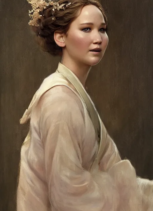 Image similar to detailed portrait of jennifer lawrence wearing hanfu, natural light, painting by gaston bussiere, craig mullins, j. c. leyendecker