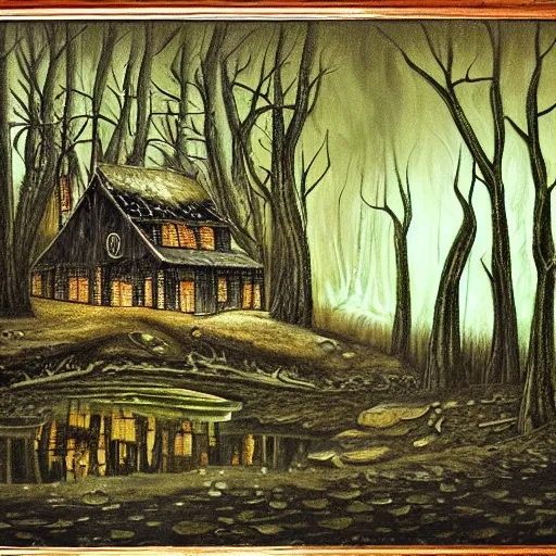 Image similar to cabin in dark forest on the lake, painting by Giger